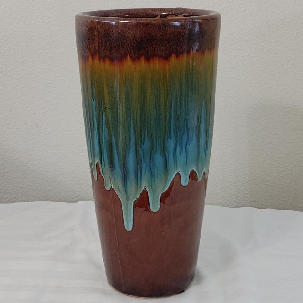 Vase Heavy Art Pottery Stoneware Drip Glaze Brown Yellow Turquoise 12" x 5.75"